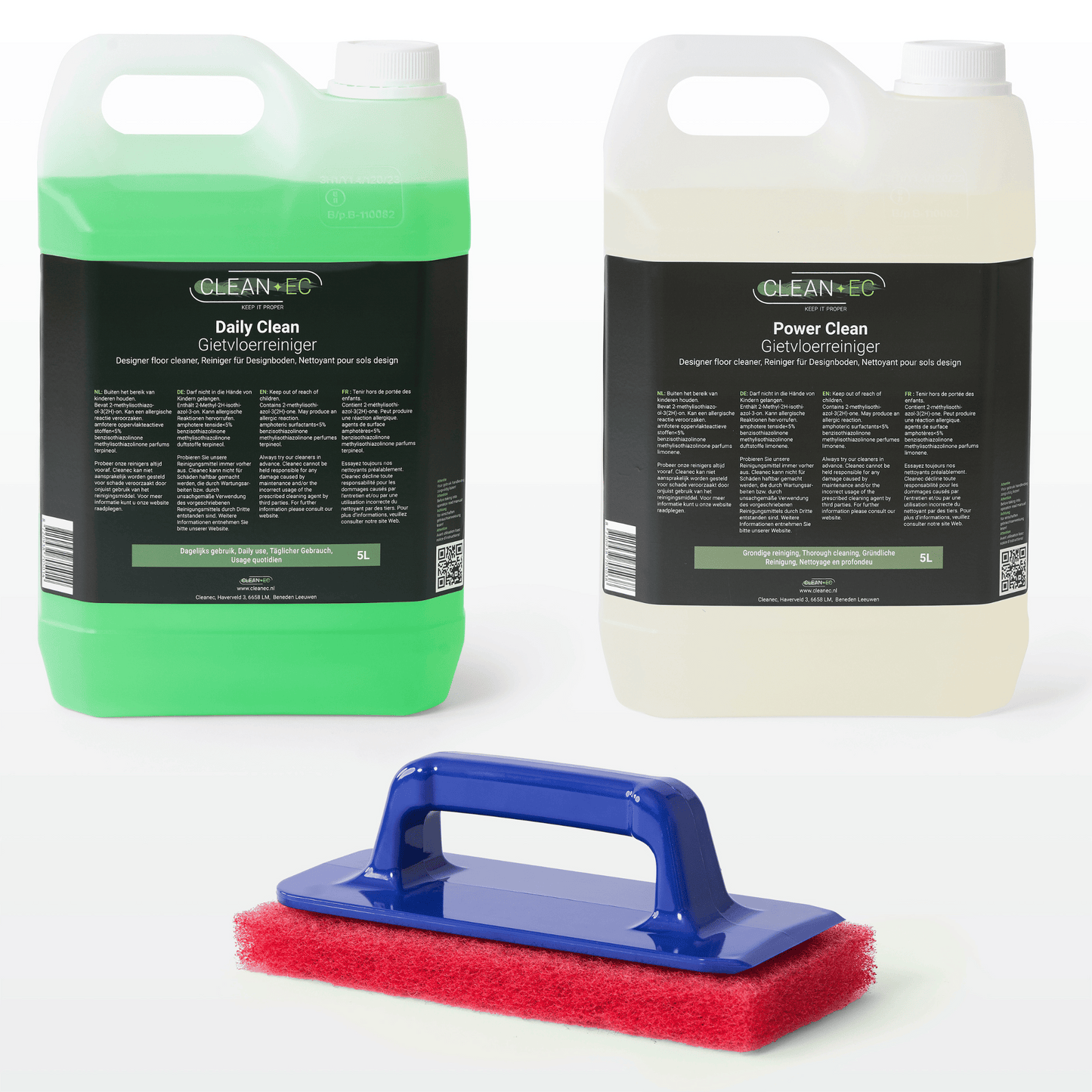 Cleanec Duo Pack XL van 2 liter Power Clean en 2 liter Daily Clean inclusief handmatige padhouder met rode pad voor effectieve reiniging van gietvloeren