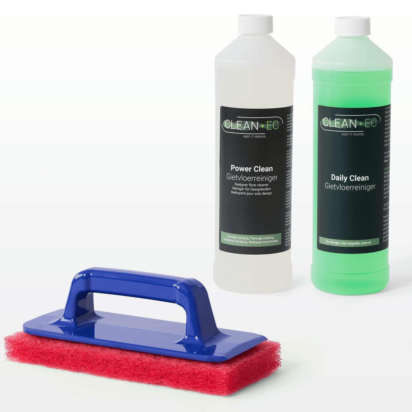 Duo-pack gietvloerreinigers van Cleanec inclusief handhouder met rode pad, ideaal voor grondige en dagelijkse reiniging van gietvloeren.