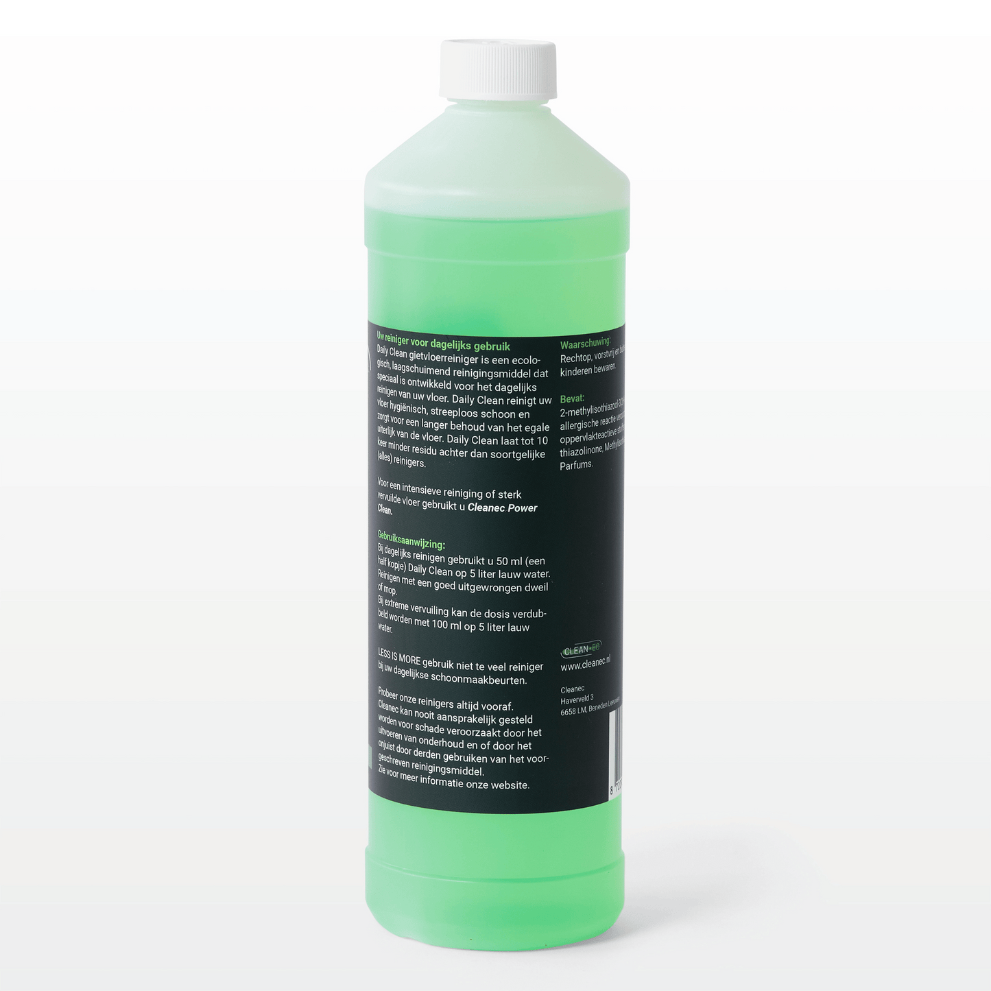 Fles Cleanec Daily Clean van 1 liter voor dagelijkse reiniging van gietvloeren achterkant