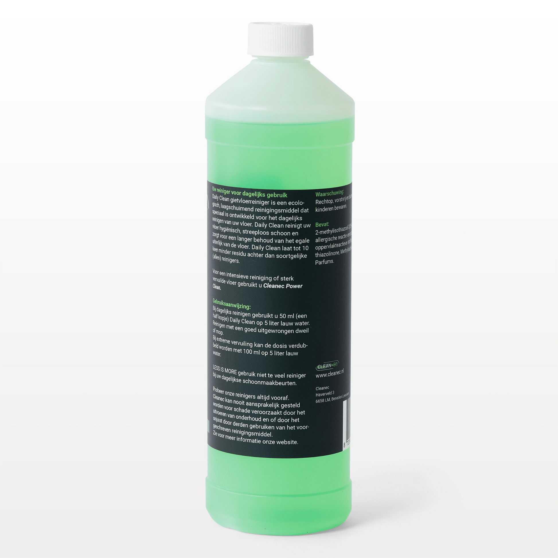 Fles Cleanec Daily Clean van 1 liter voor dagelijkse reiniging van gietvloeren achterkant