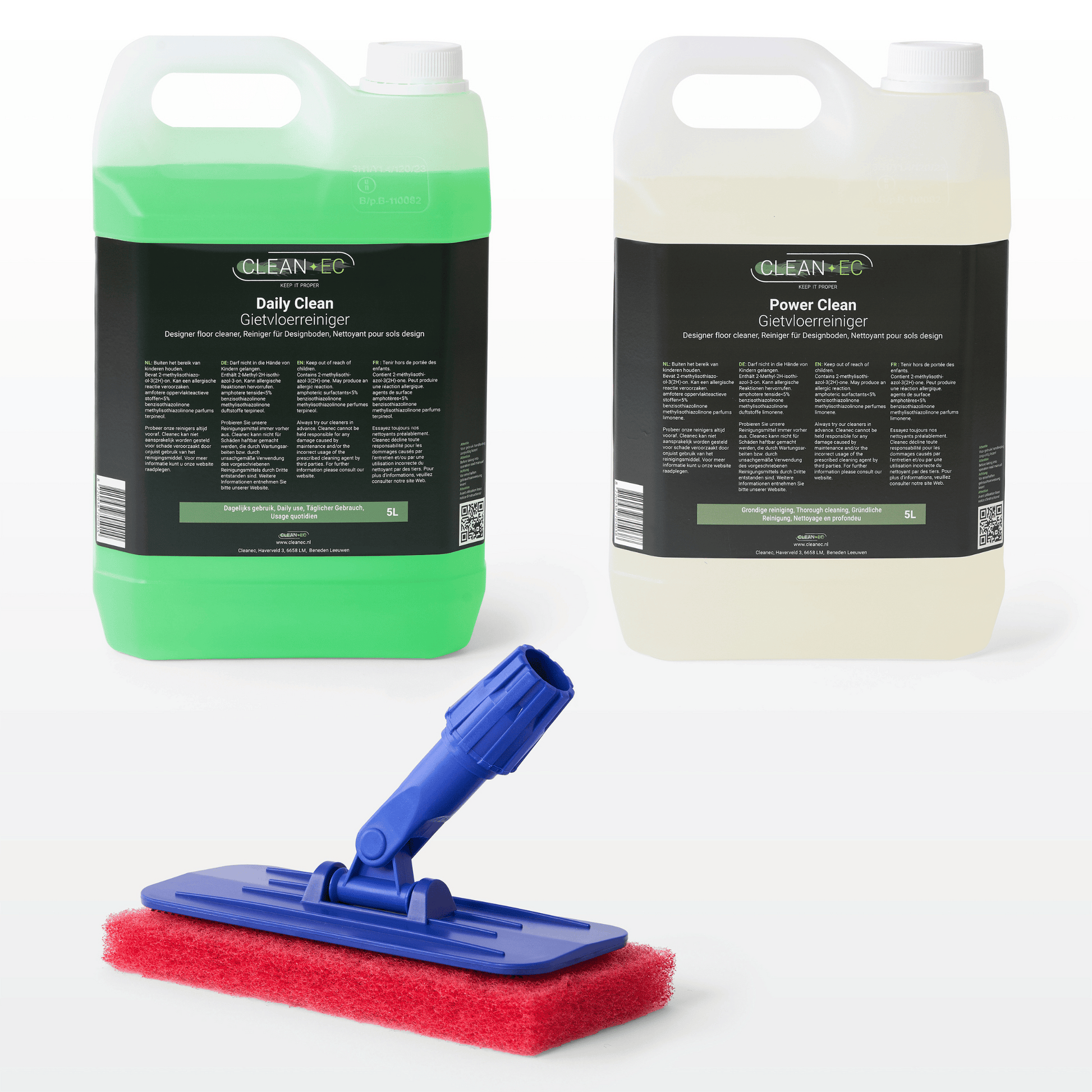 Cleanec reinigingspakket met 5 liter Power Clean en 5 liter Daily Clean inclusief handmatige padhouder met rode pad voor grondige reiniging van gietvloeren